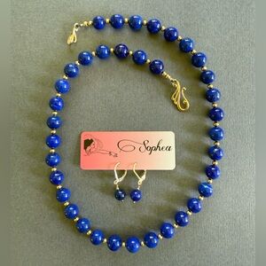 NWT 20" Lapis Gemstone Statement Necklace and Earring Set 14K gold gift